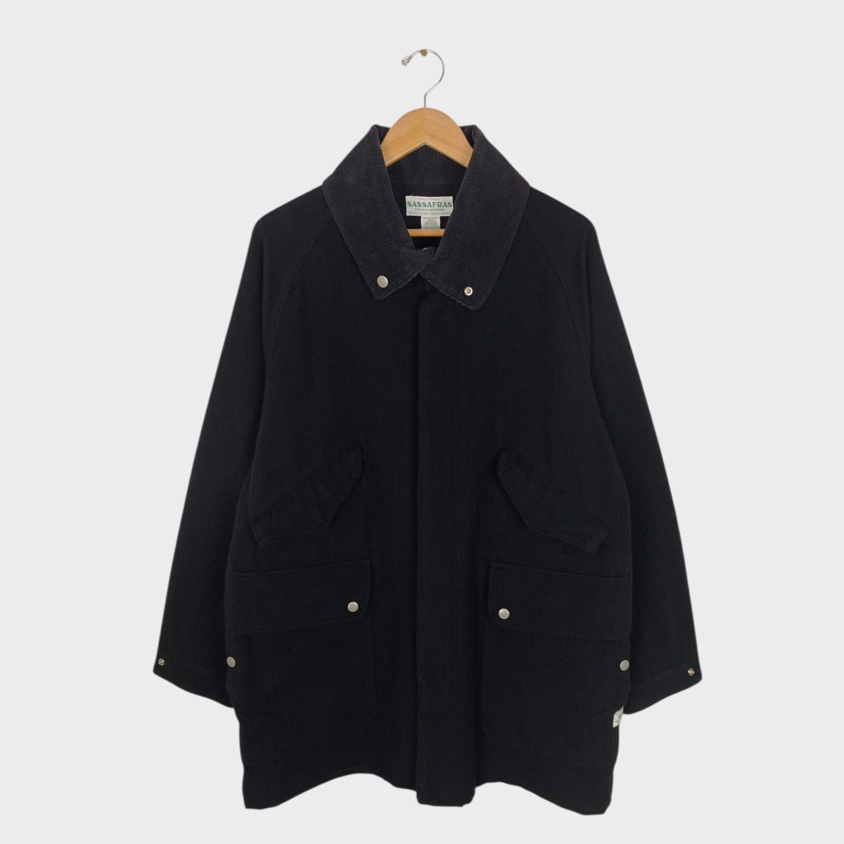 SASSAFRAS Men's Made in Japan Black Wool Blend Fall Leaf Tube Coat Jacket