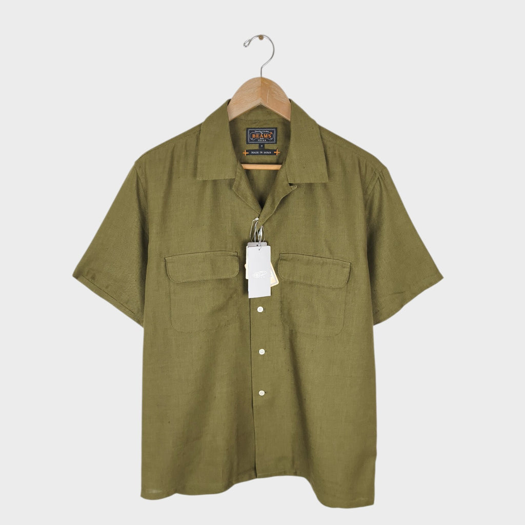 BEAMS PLUS Men's Made in Japan Olive Green Linen Blend Camp Collar Shirt