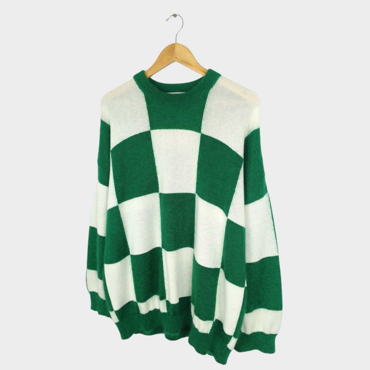 PUBLIC TOKYO Men's Made in Japan Green/White Check Mohair Blend Shaggy Jumper