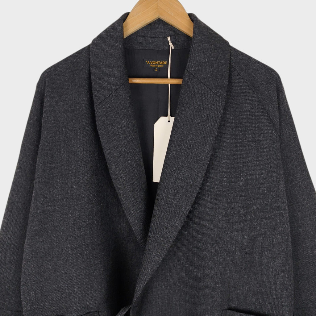 A VONTADE Men's Made in Japan Dark Grey Wool Robe Kimono Coat