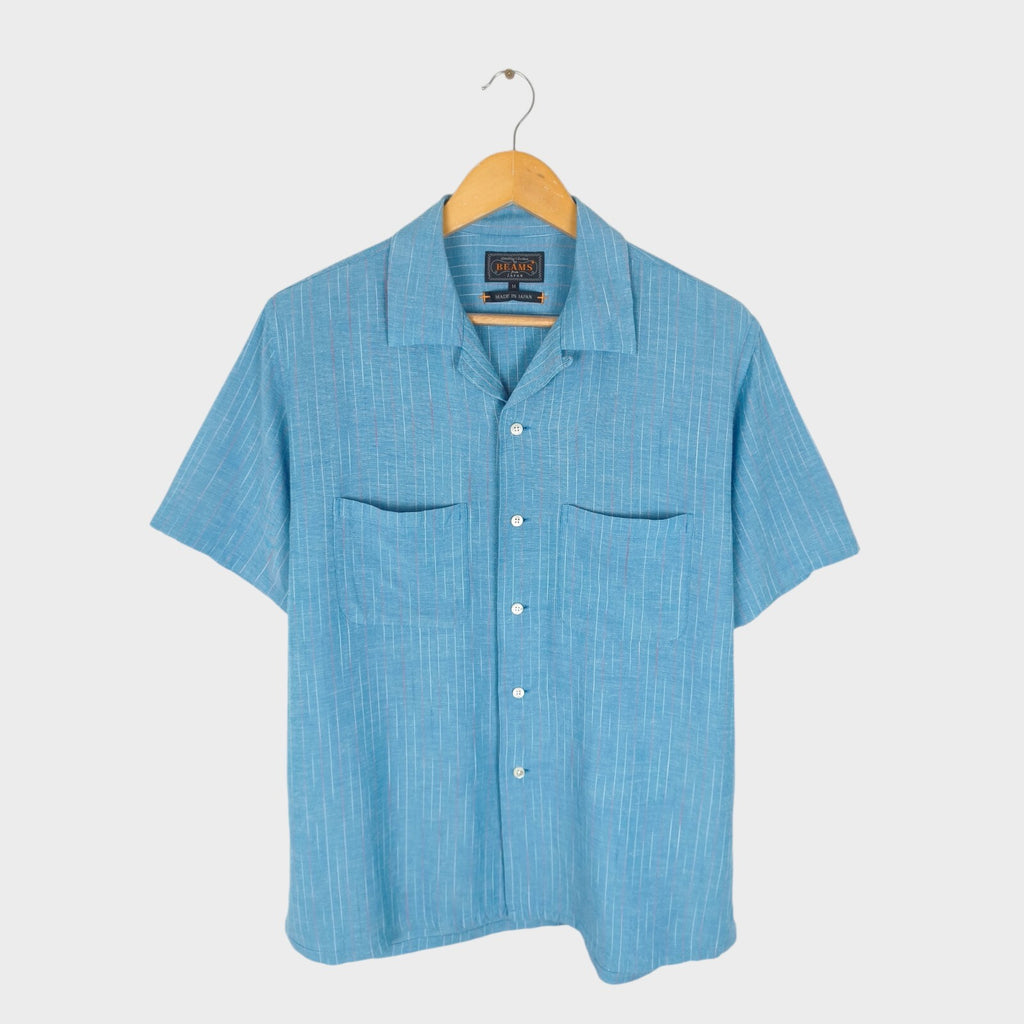 BEAMS PLUS Men's Made in Japan Rayon/Linen Striped Short Sleeved Shirt