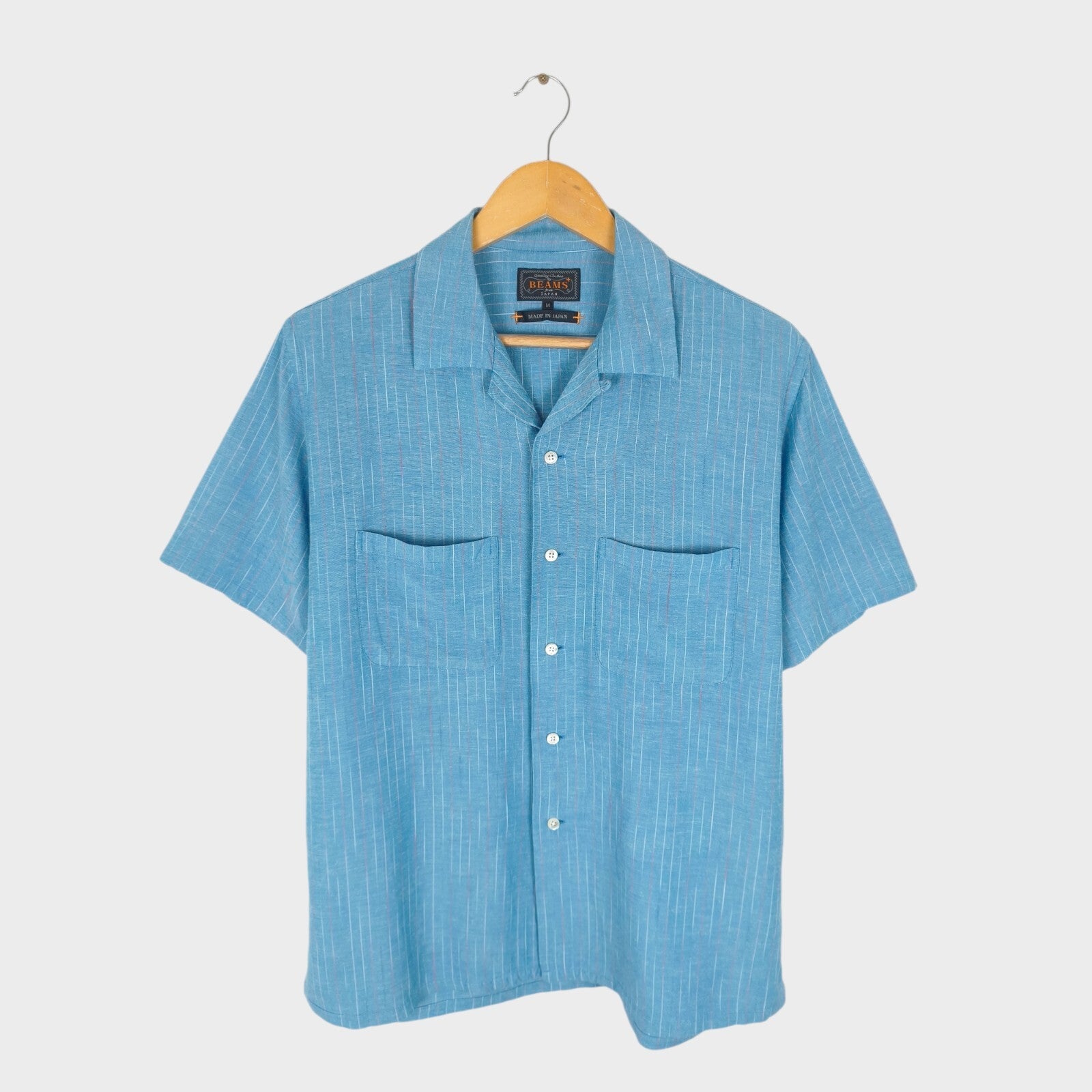BEAMS PLUS Men's Made in Japan Rayon/Linen Striped Short Sleeved Shirt