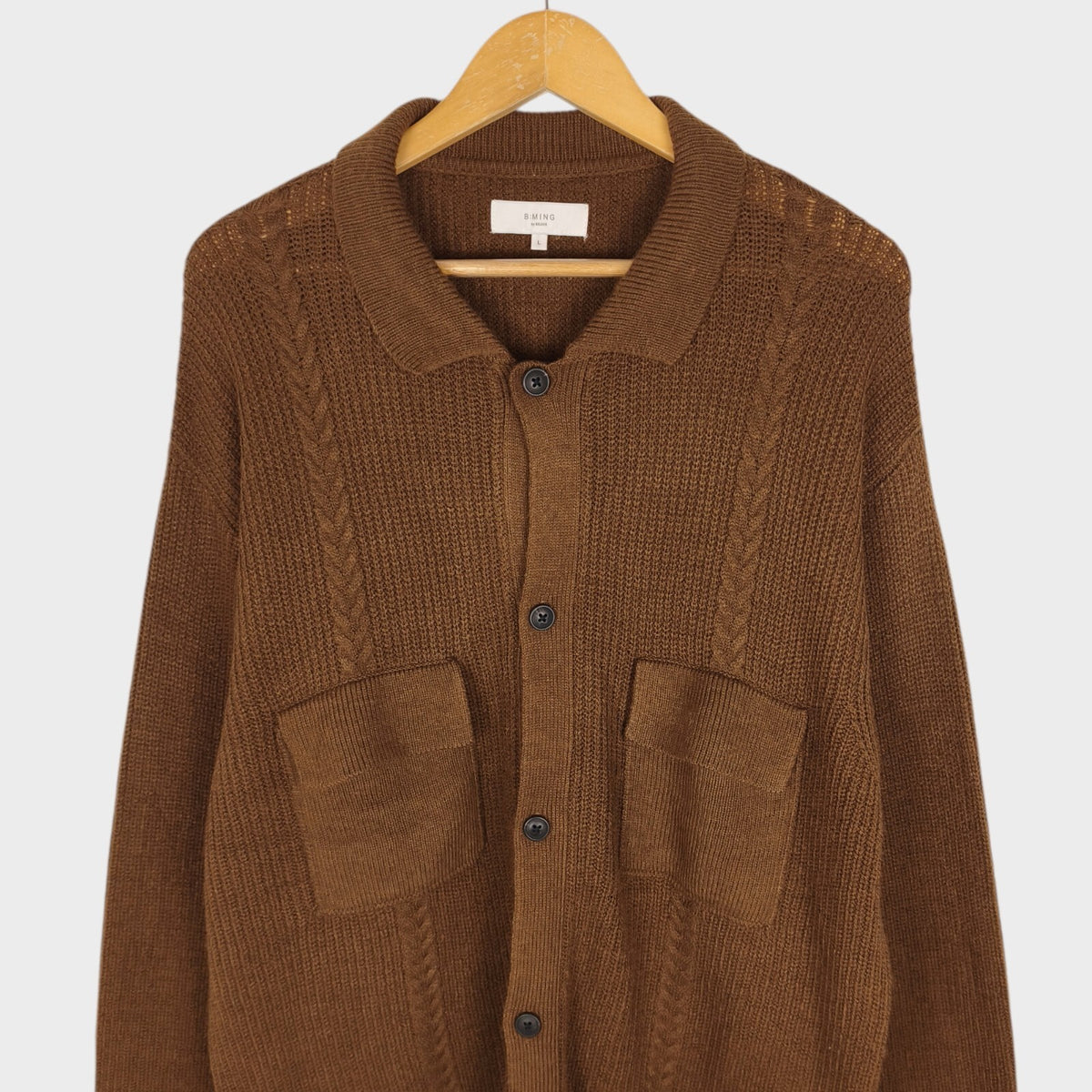 BEAMS B:MING Men's Brown 7-Gauge Cable Knit Cardigan Jacket