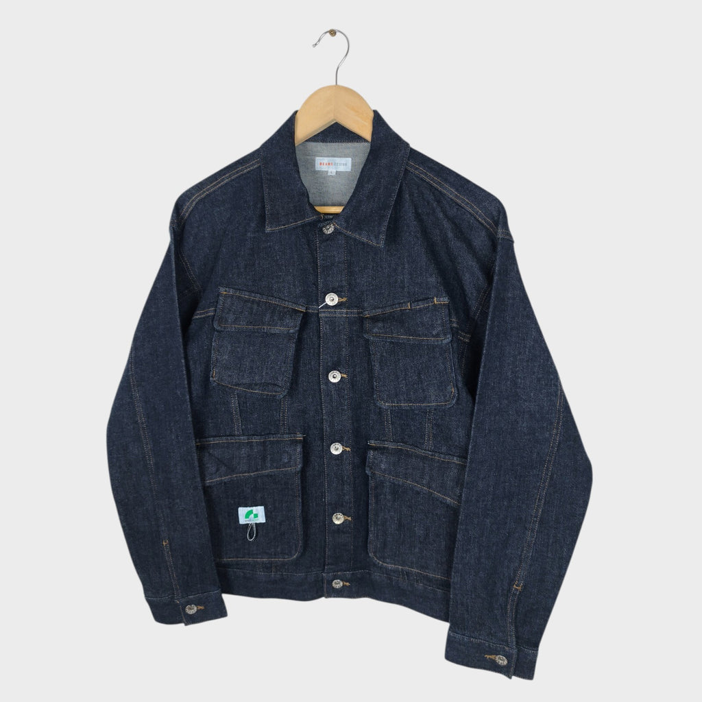 BEAMS Men's Dark Blue Cropped Denim Utility Chore Jacket