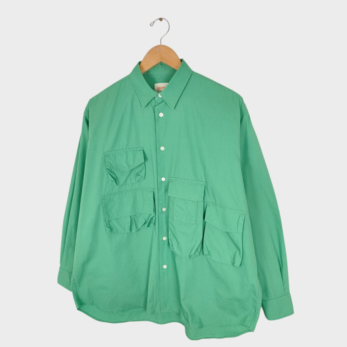 BEAMS Men's Green Relaxed Fit Multi Pocket Utility Overshirt