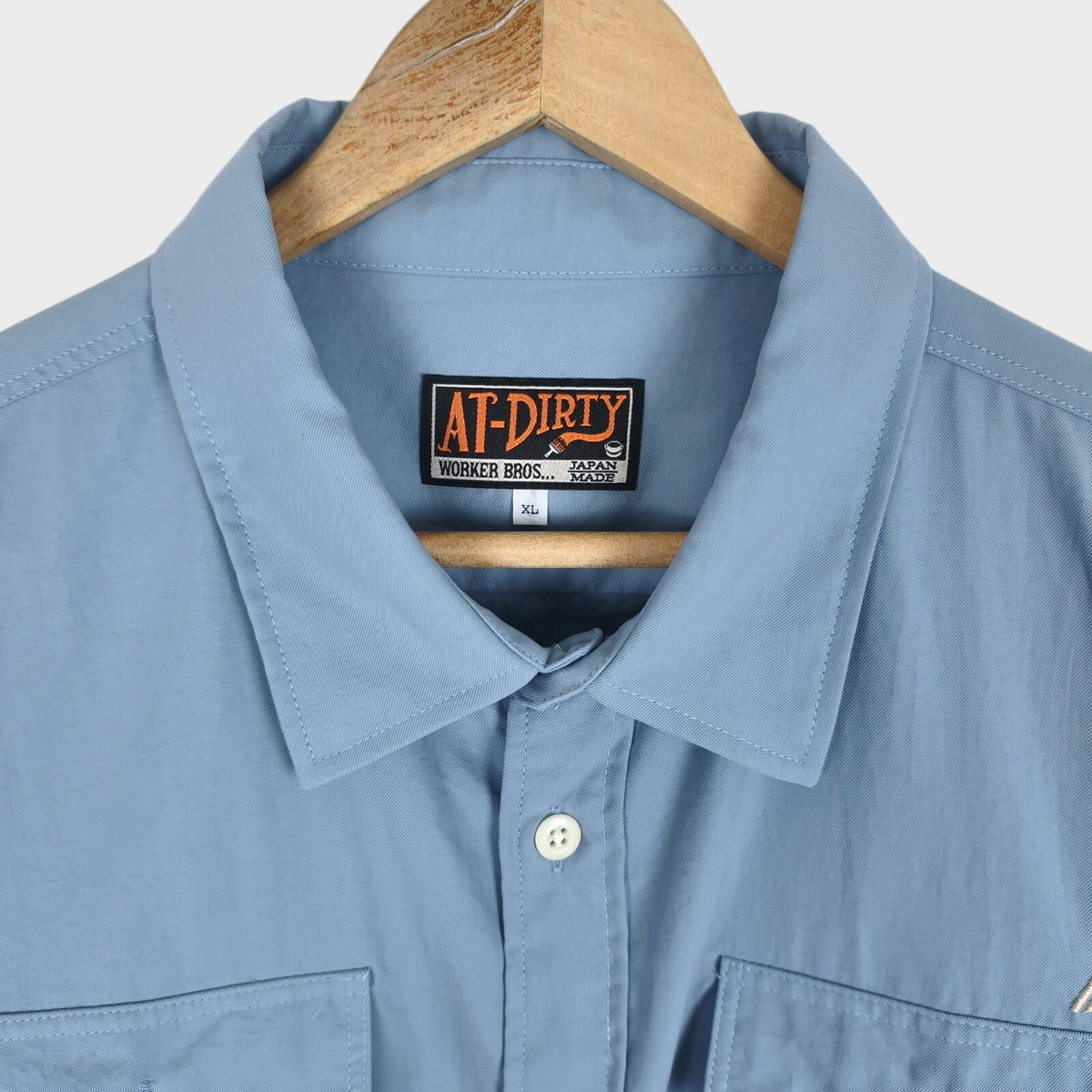 AT-DIRTY Men's Made in Japan Light Blue Nylon Short Sleeved Utility Shirt