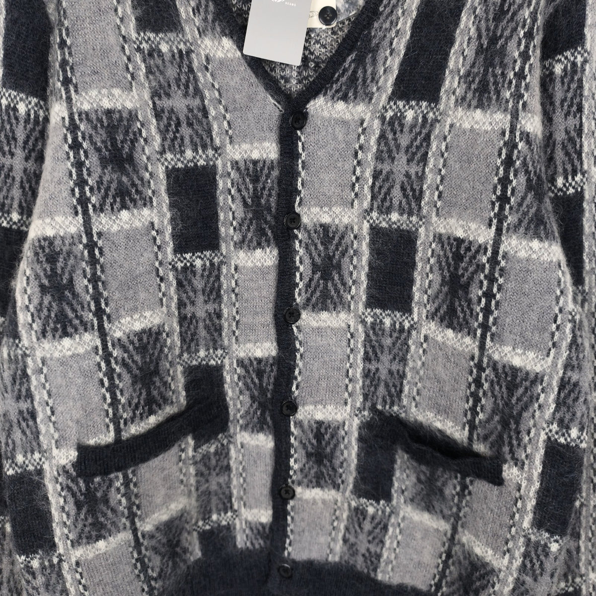 BEAMS PLUS Men's Mohair Blend Shaggy Grunge Geometric Jacquard Cardigan