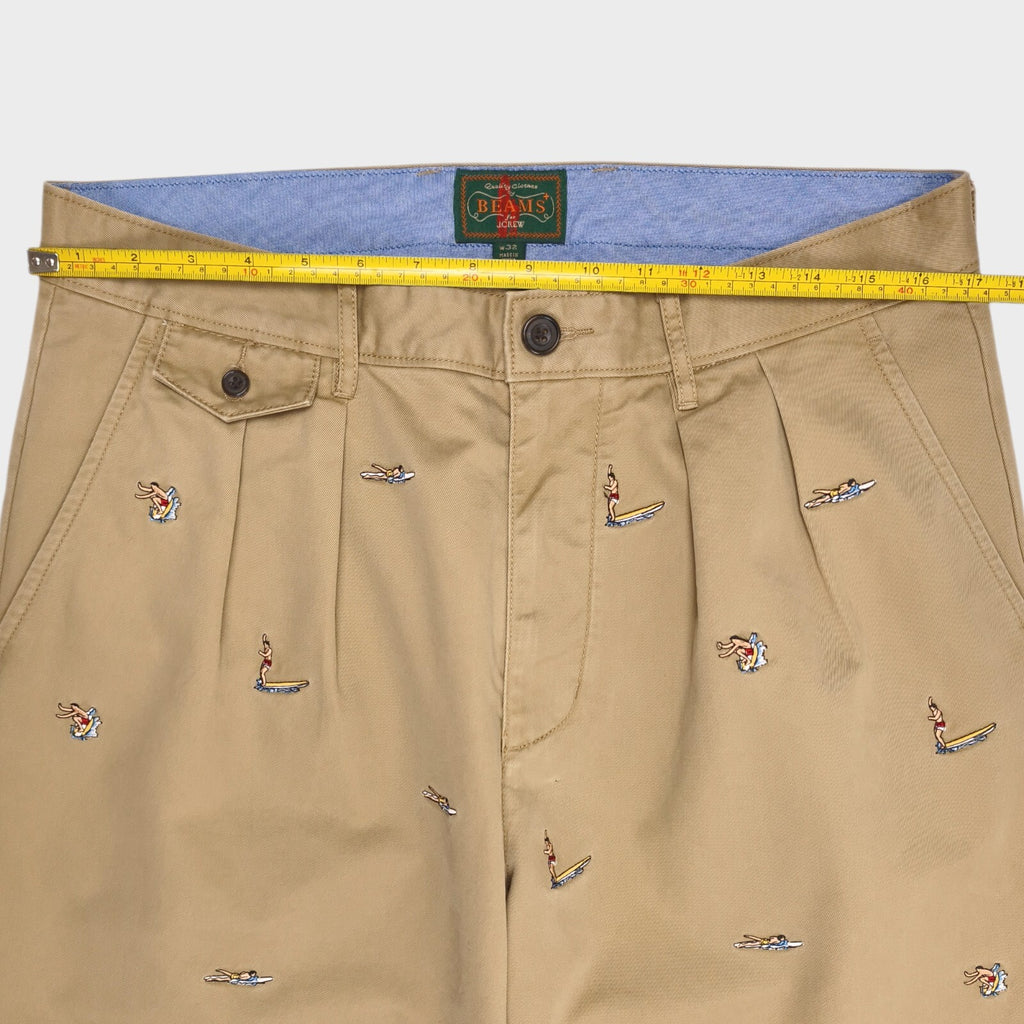BEAMS PLUS x J.CREW Men's Beige Surfer Embroidery Pleated Chino Trousers