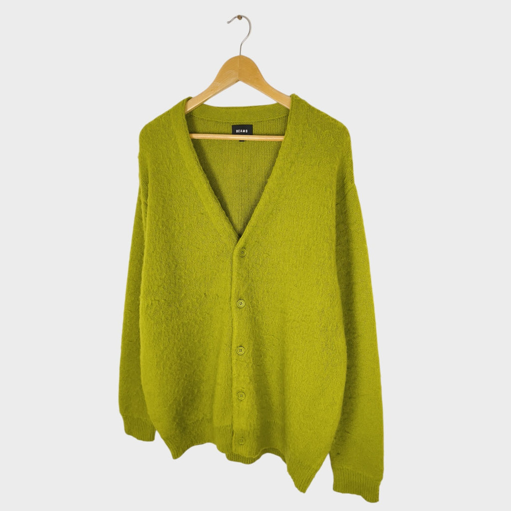 BEAMS Men's Lime Green Mohair Blend Shaggy Grunge Cardigan