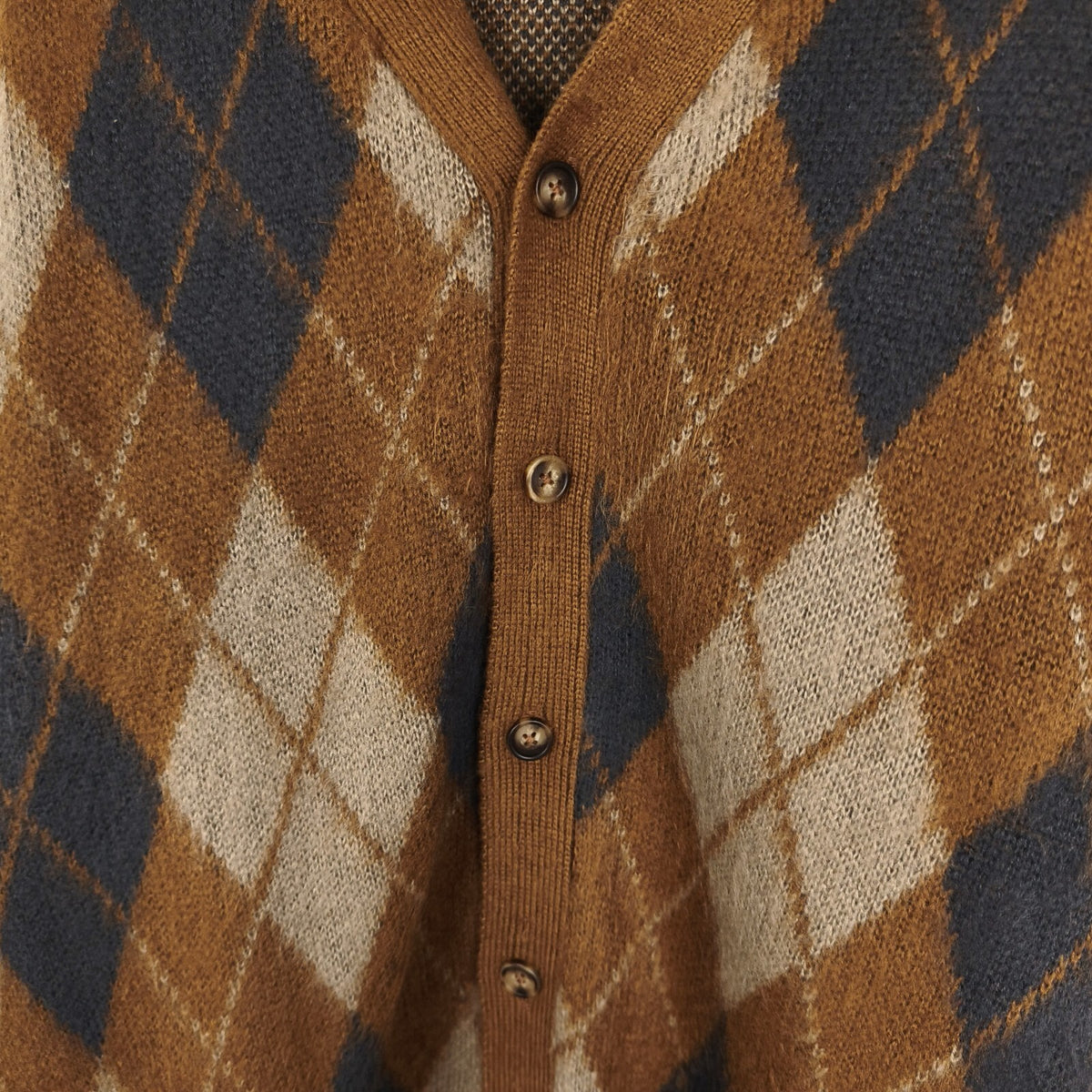 BEAMS HEART Men's Brown Shaggy Grunge Argyle Cardigan