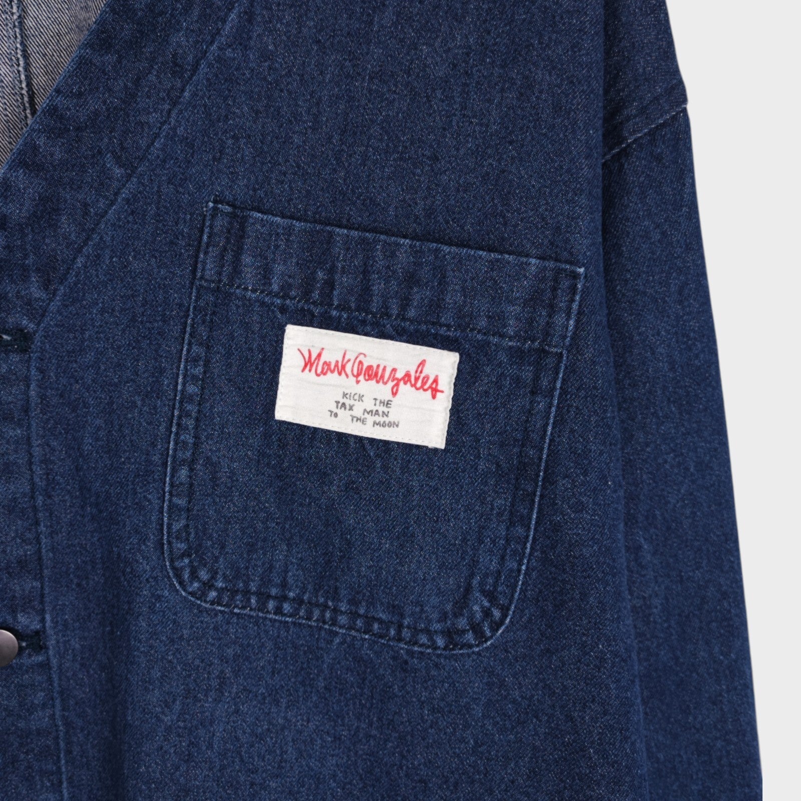 MARK GONZALES Men's Oversized Fit Blue V-Neck Engineer Chore Jacket