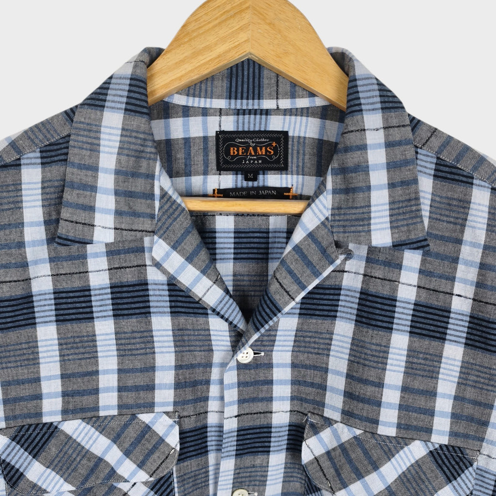 BEAMS PLUS Men's Made in Japan Cotton Checked Camp Collar Shirt