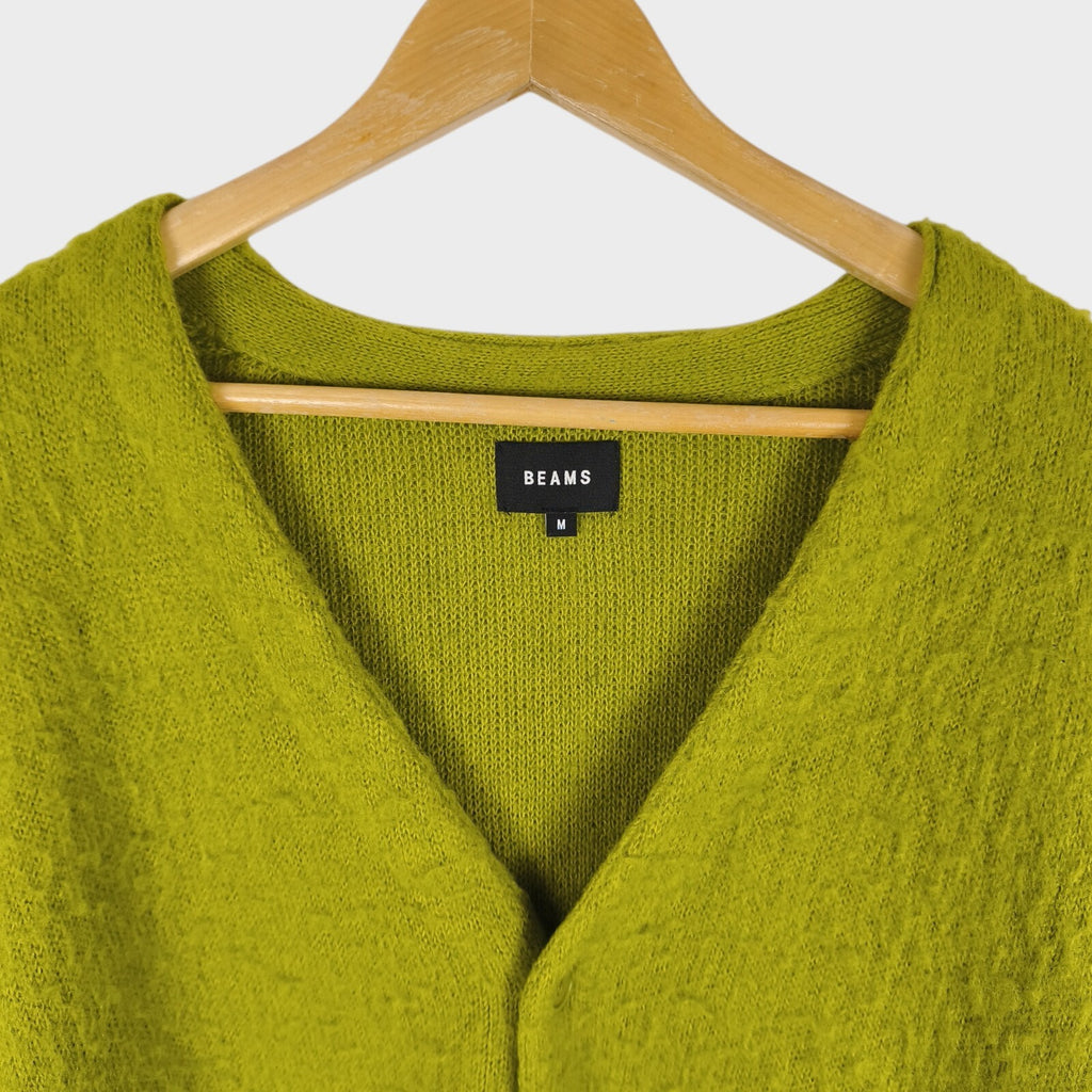 BEAMS Men's Lime Green Mohair Blend Shaggy Grunge Cardigan