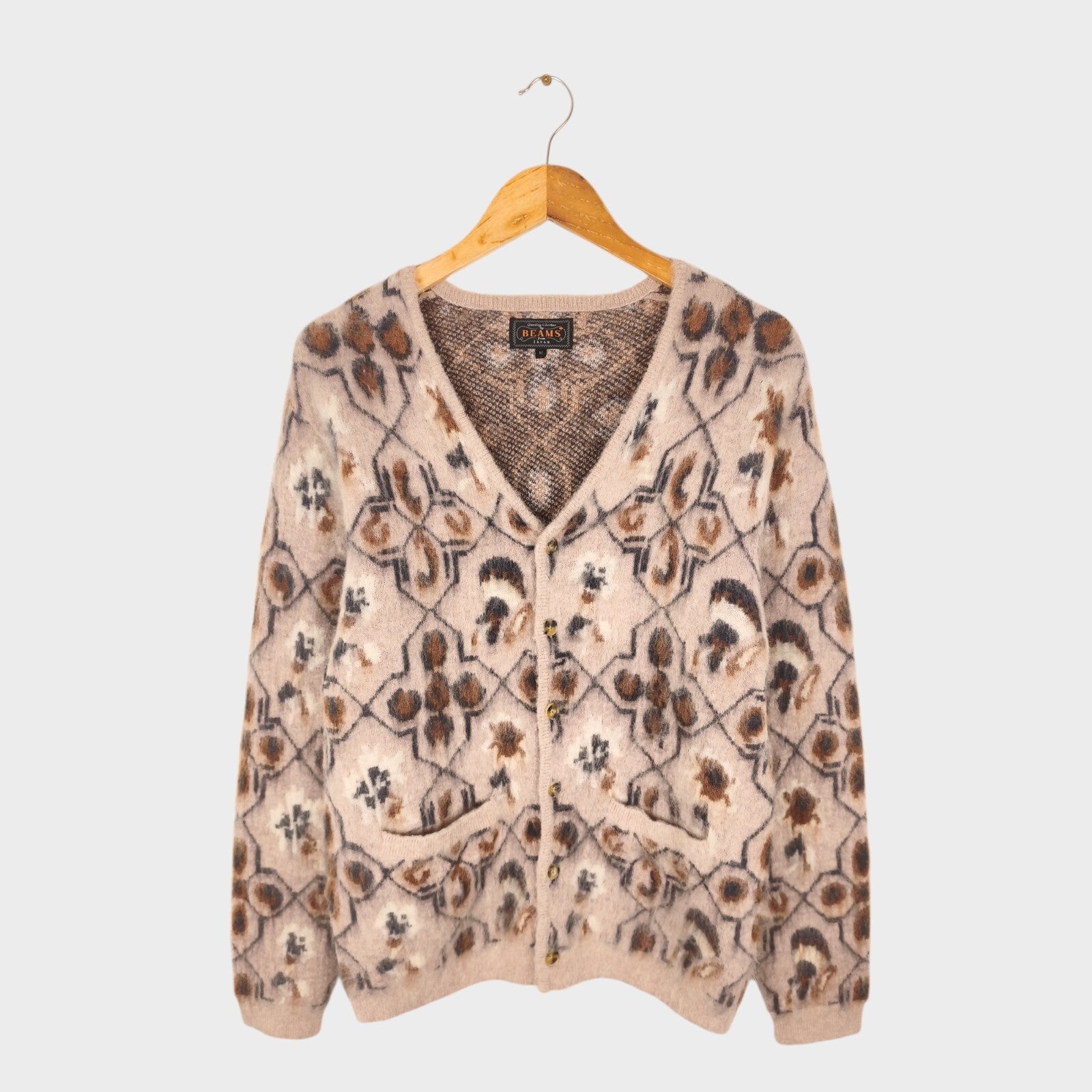 BEAMS PLUS Men's Mohair Blend Shaggy Grunge Ski Club Jacquard Cardigan