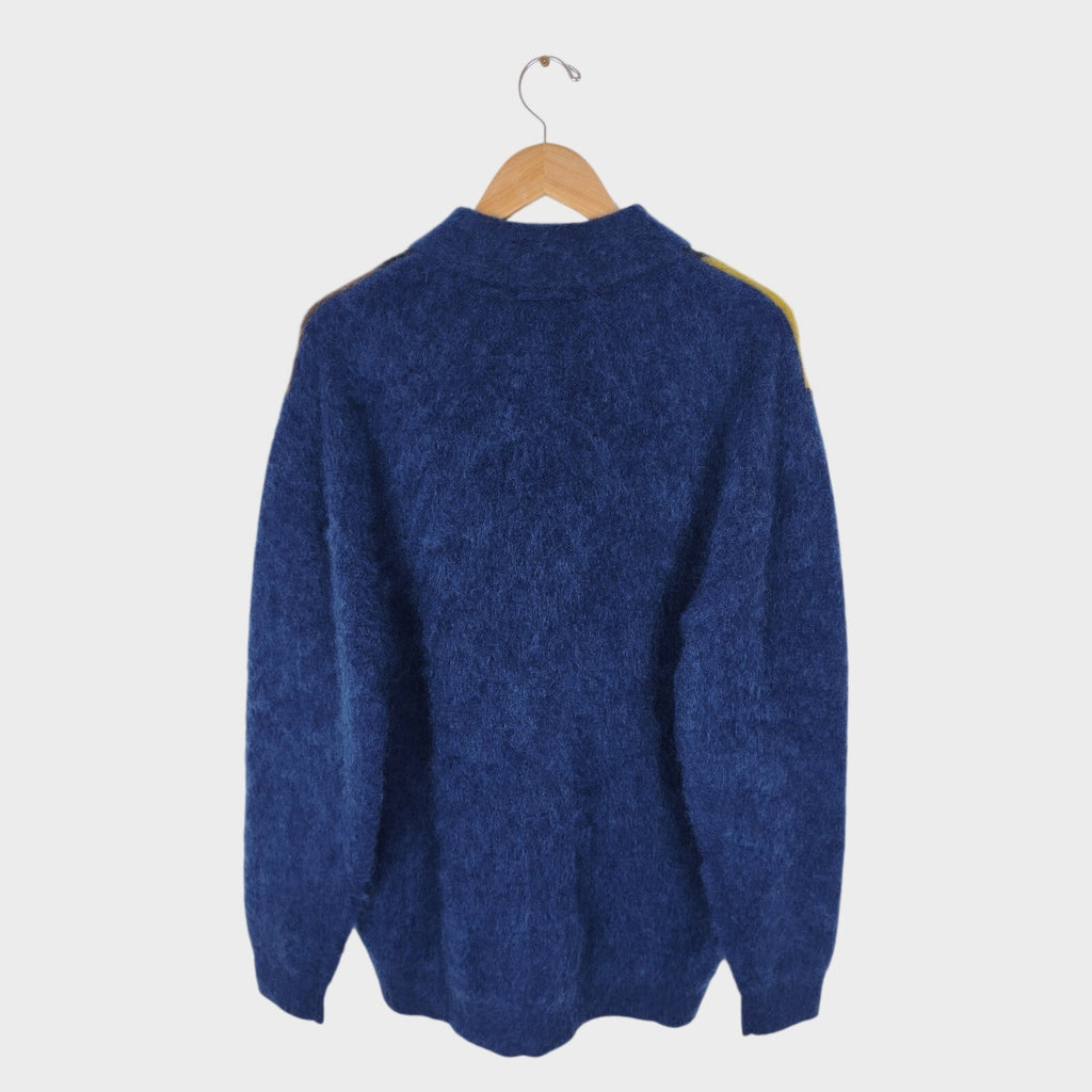 BEAMS PLUS Men's Blue 9 Gauge Shaggy Mohair Blend Polo Shirt Jumper