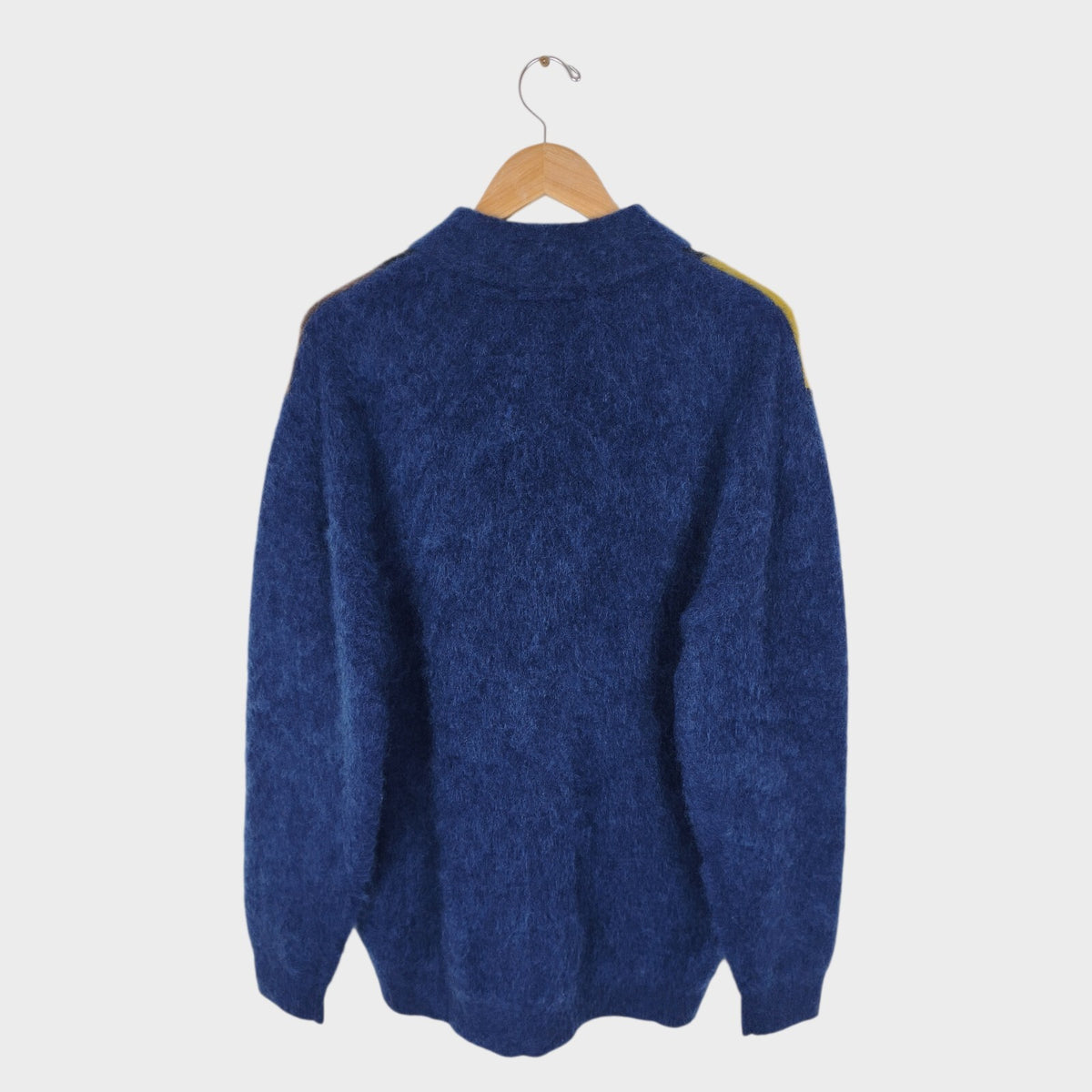 BEAMS PLUS Men's Blue 9 Gauge Shaggy Mohair Blend Polo Shirt Jumper