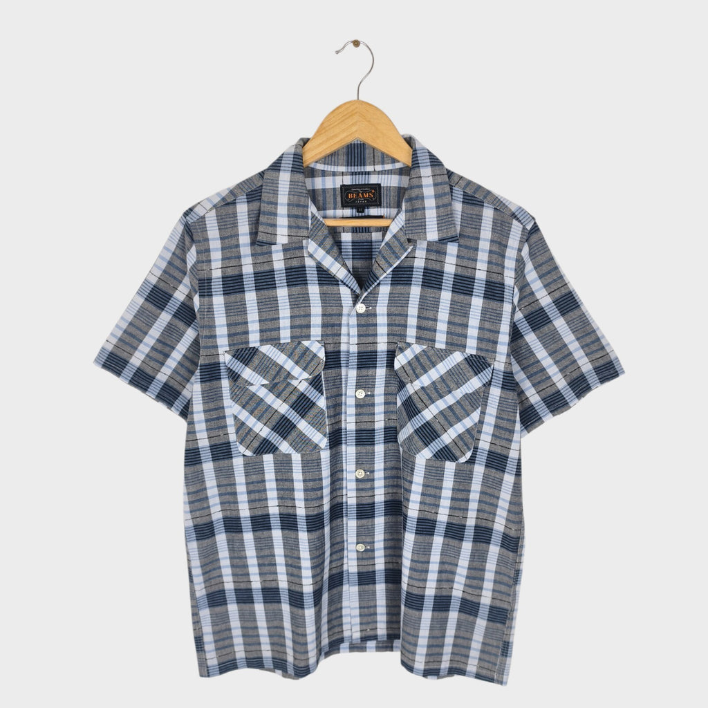 BEAMS PLUS Men's Made in Japan Cotton Checked Camp Collar Shirt