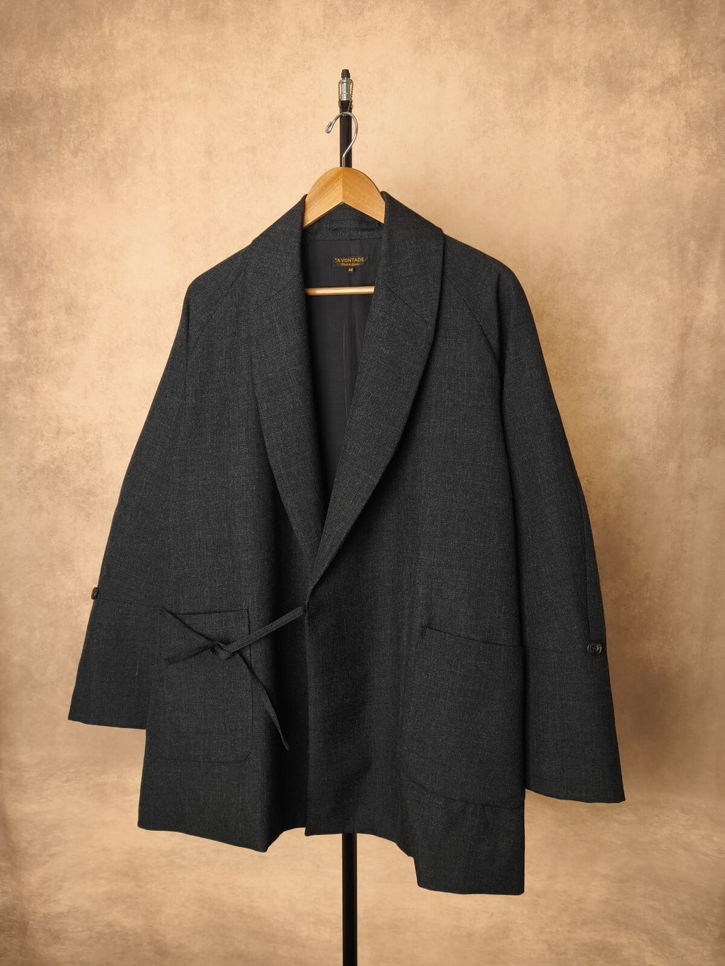 A VONTADE Men's Made in Japan Dark Grey Wool Robe Kimono Coat