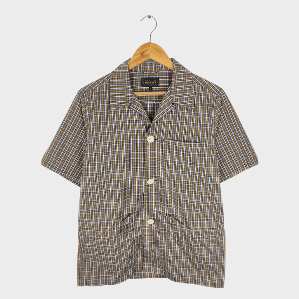 BEAMS PLUS Men's Camp Collar Multi Pocket Short Sleeved Utility Shirt