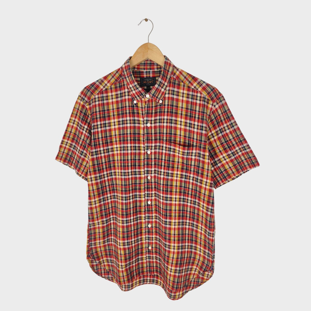 BEAMS PLUS Men's Made in Japan Lightweight Cotton Checked Short Sleeved Shirt
