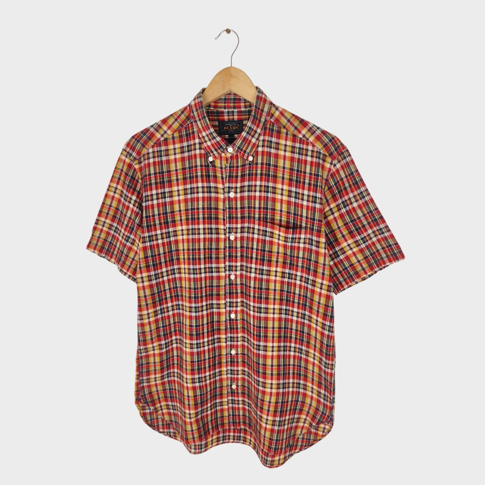 BEAMS PLUS Men's Made in Japan Lightweight Cotton Checked Short Sleeved Shirt