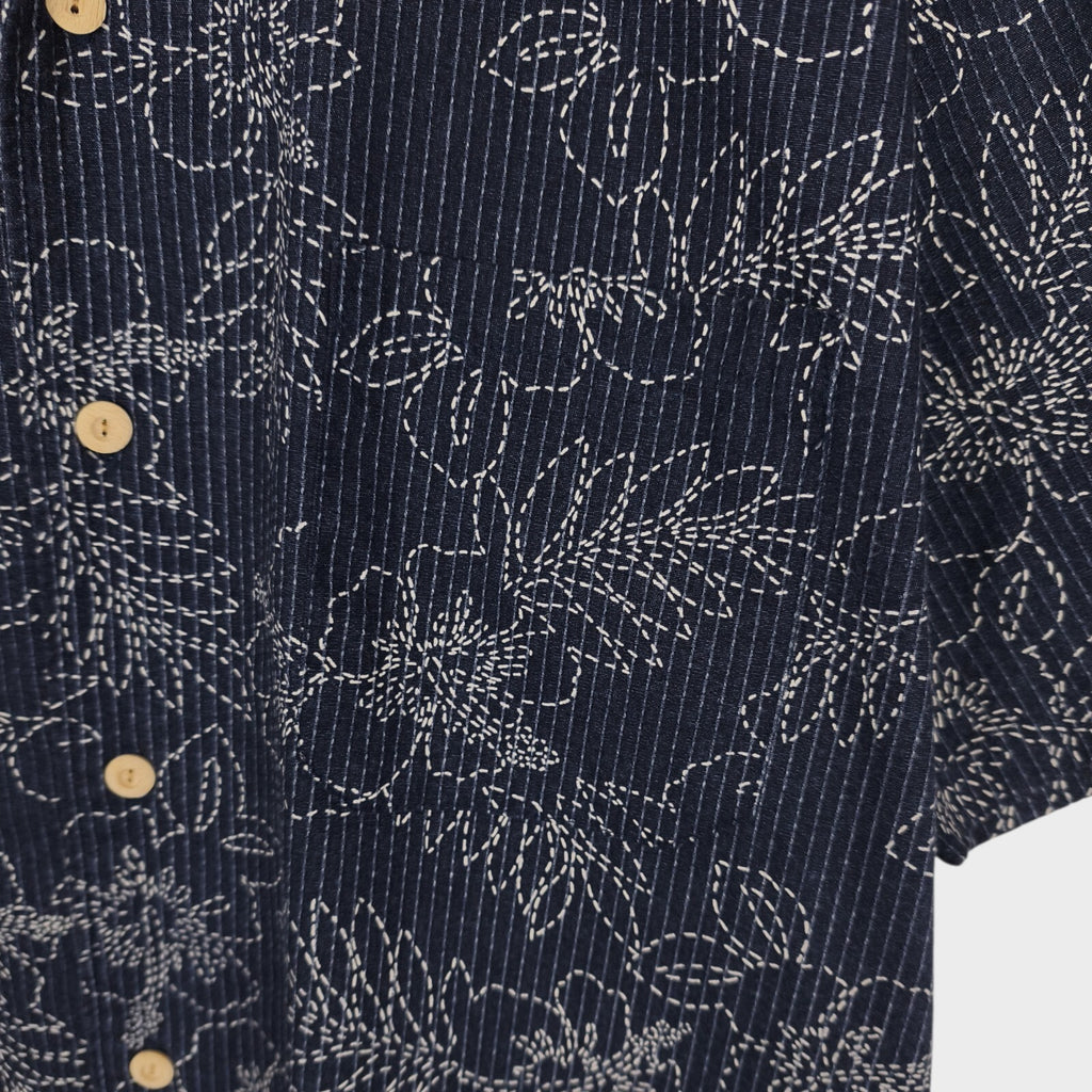 ETERNAL BICCHU KURASHIKI Men's Made in Japan Dark Blue Floral Sashiko Shirt
