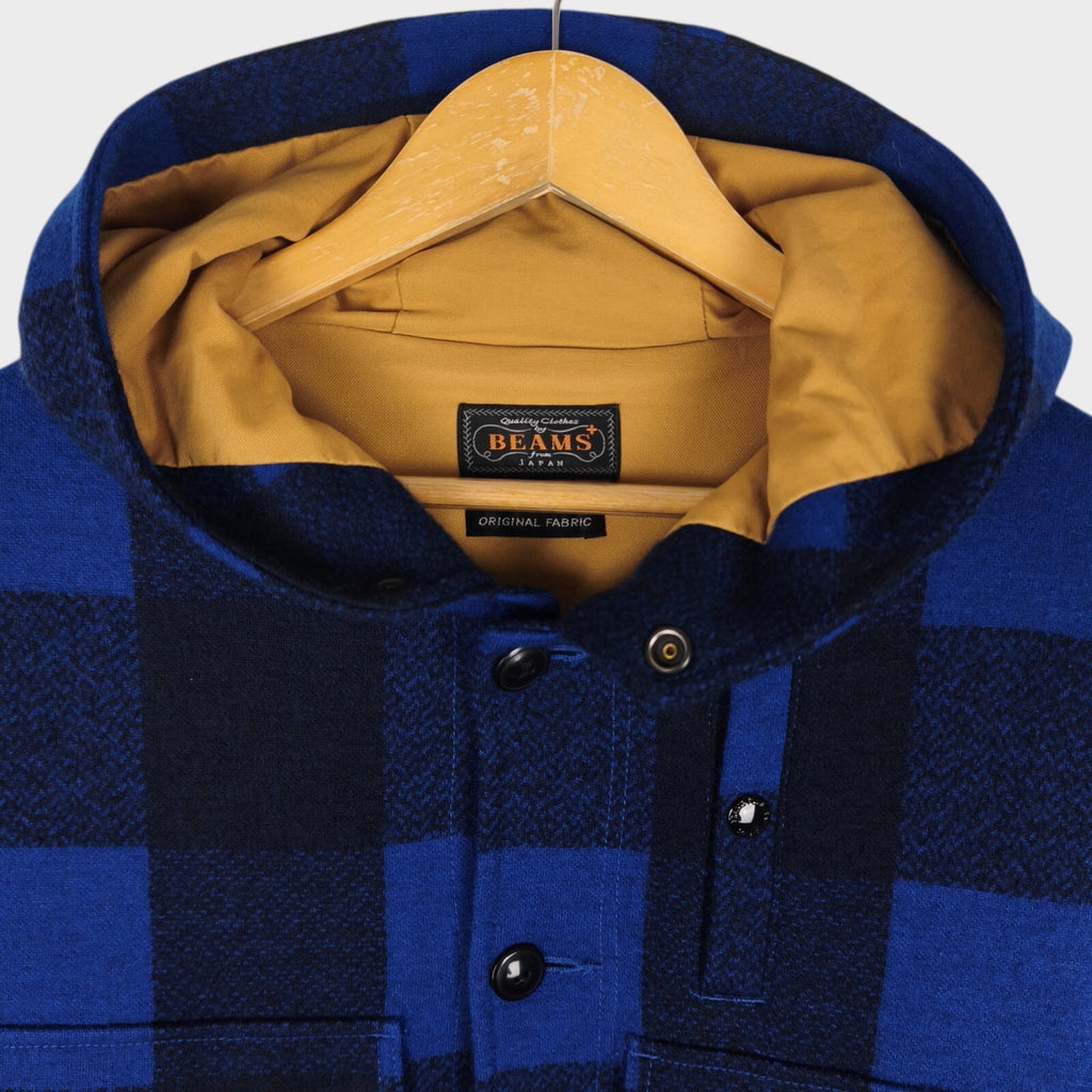 BEAMS PLUS Men's 100% Wool Blue Check Hooded Mackinaw Cruiser Jacket