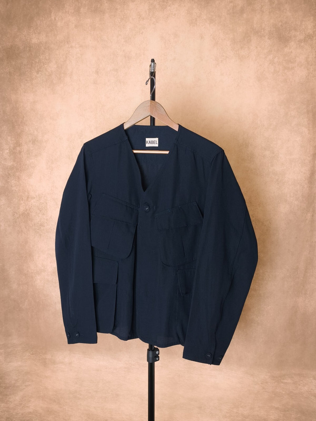 KABEL Men's Navy Blue Made in Japan 100% Wool/Linen V-Neck Utility Jacket