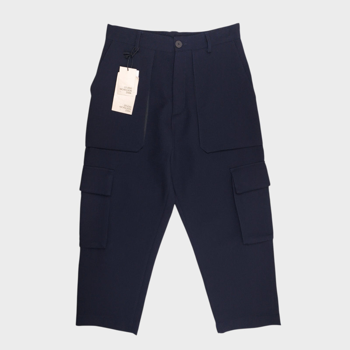 STUDIO NICHOLSON x ZARA Men's Navy Blue 100% Wool Cropped Cargo Trousers