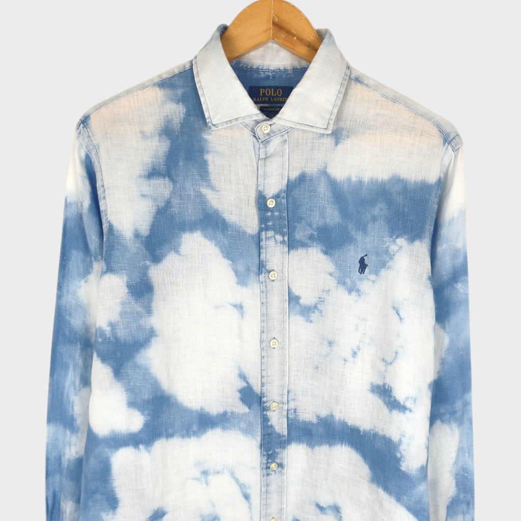 RALPH LAUREN Men's Blue/White Tie Dye 100% Linen Embroidered Logo Shirt
