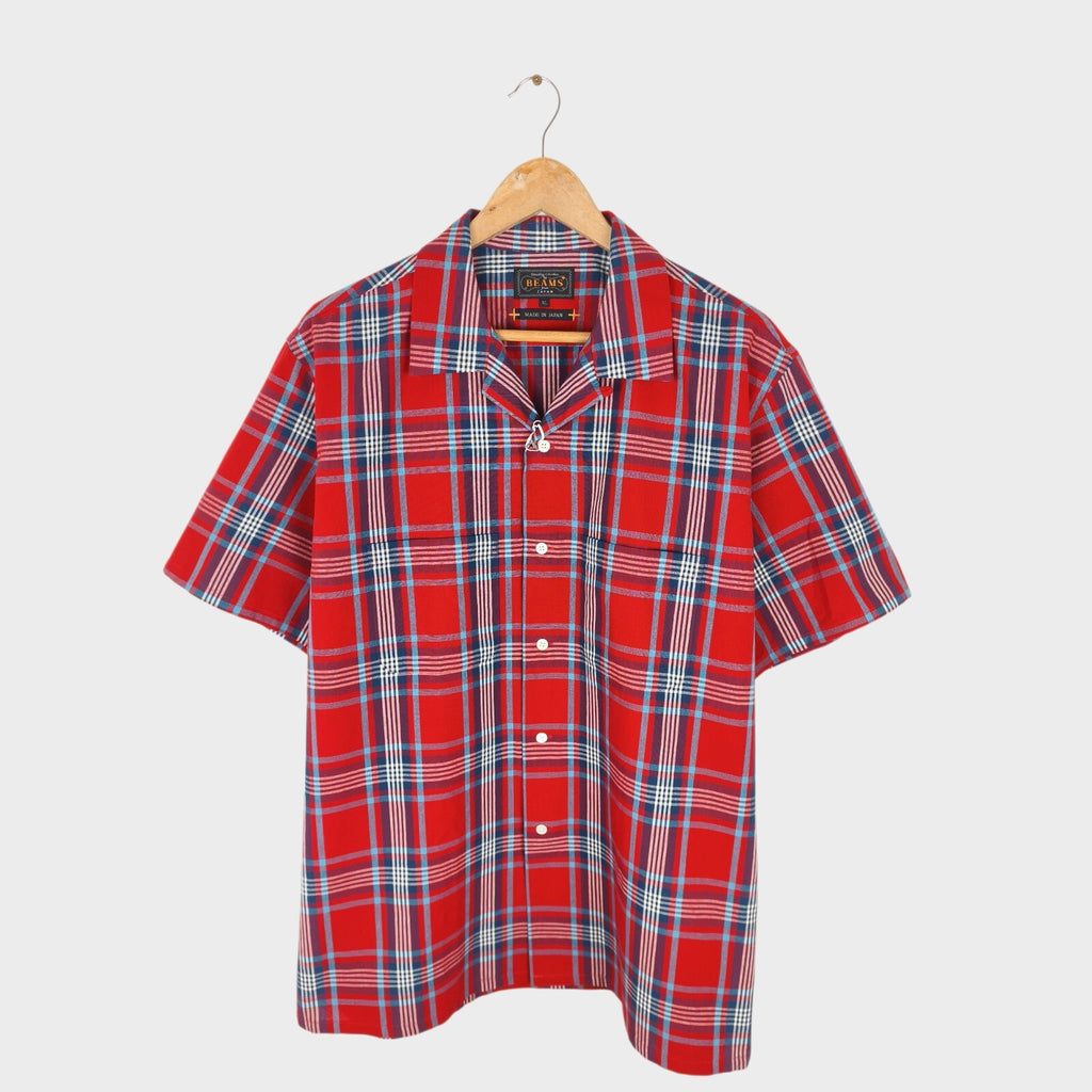 BEAMS PLUS Men's Made in Japan Cotton Red Checked Camp Collar Shirt