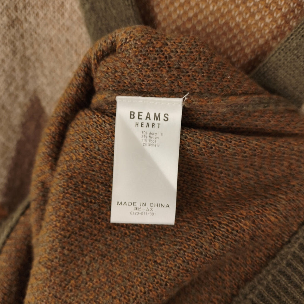 BEAMS HEART Men's Mohair Wool Blend Shaggy Grunge Argyle Cardigan
