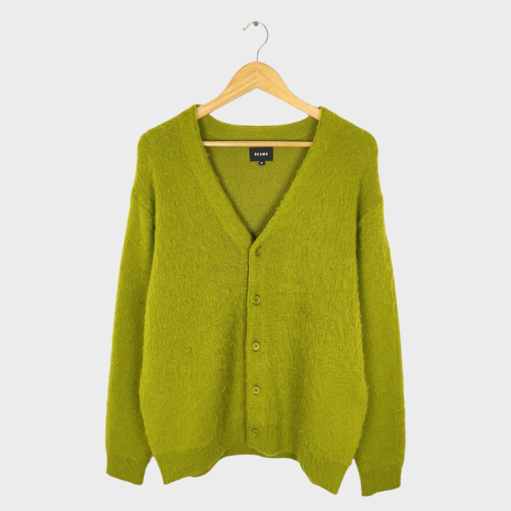 BEAMS Men's Lime Green Mohair Blend Shaggy Grunge Cardigan