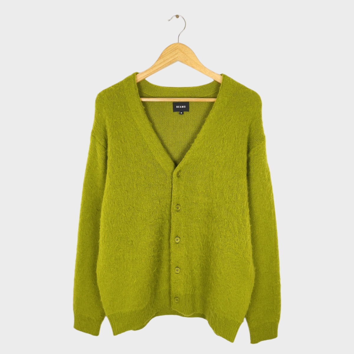 BEAMS Men's Lime Green Mohair Blend Shaggy Grunge Cardigan