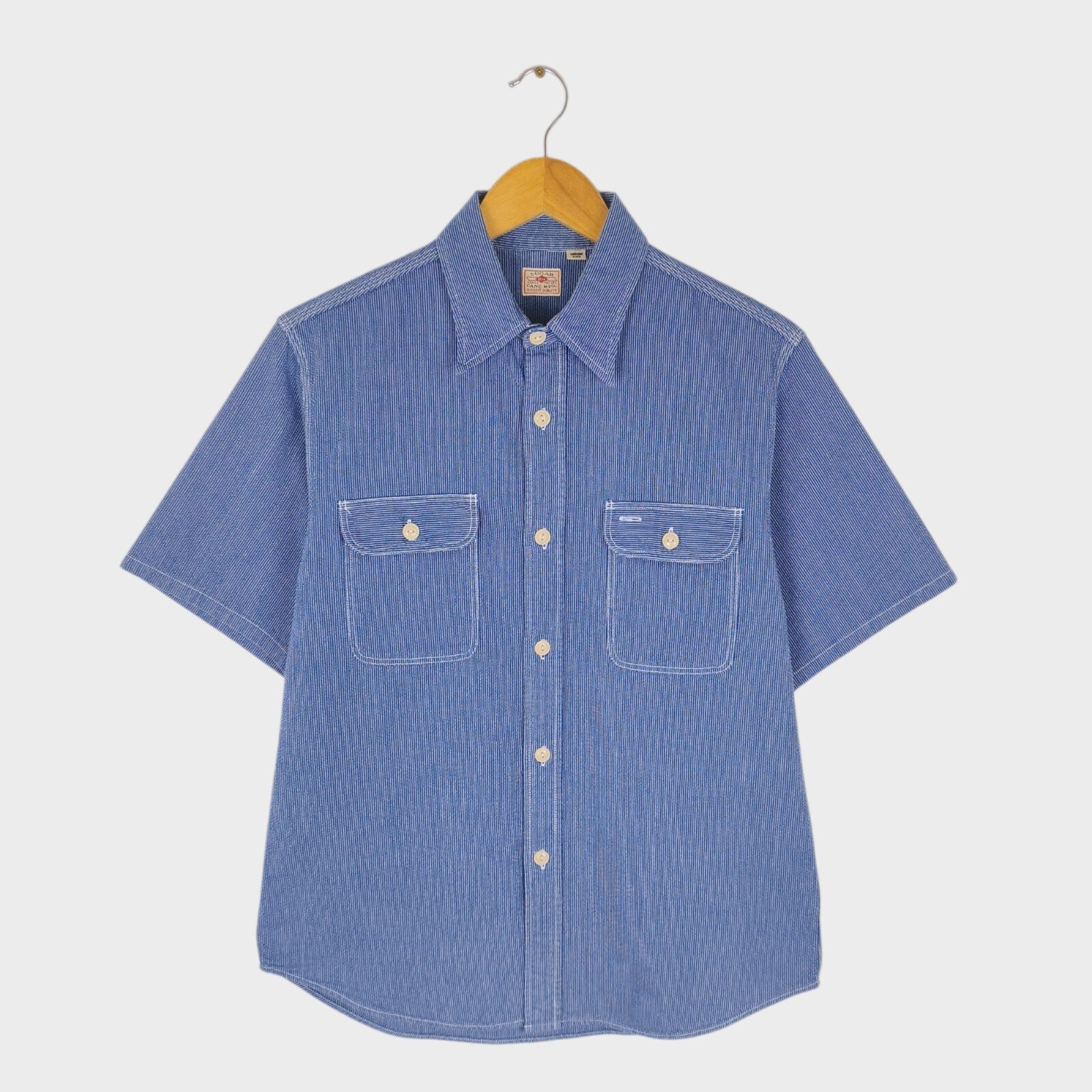 SUGAR CANE Men's Made in Japan Blue Embroidered Striped Utility Work Shirt
