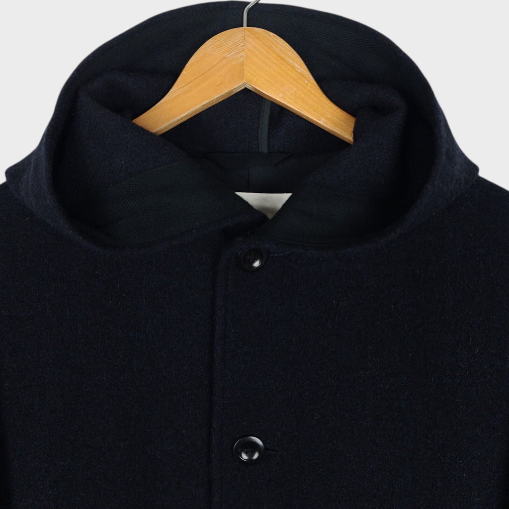 MHL MARGARET HOWELL Men's Dark Navy Blue 100% Wool Hooded Coat