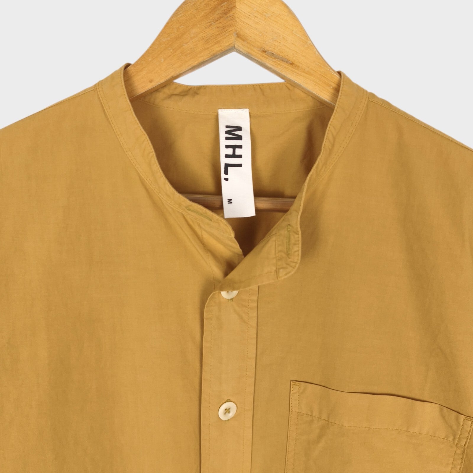 MHL MARGARET HOWELL Men's Camel Band Collar Short Sleeved Shirt