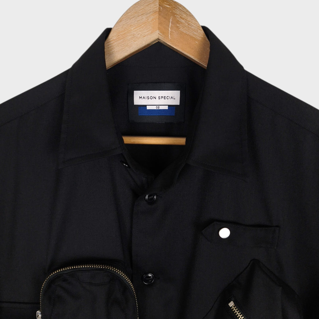 MAISON SPECIAL Japan Men's Black Wool Blend Multi Pocket Overshirt Jacket