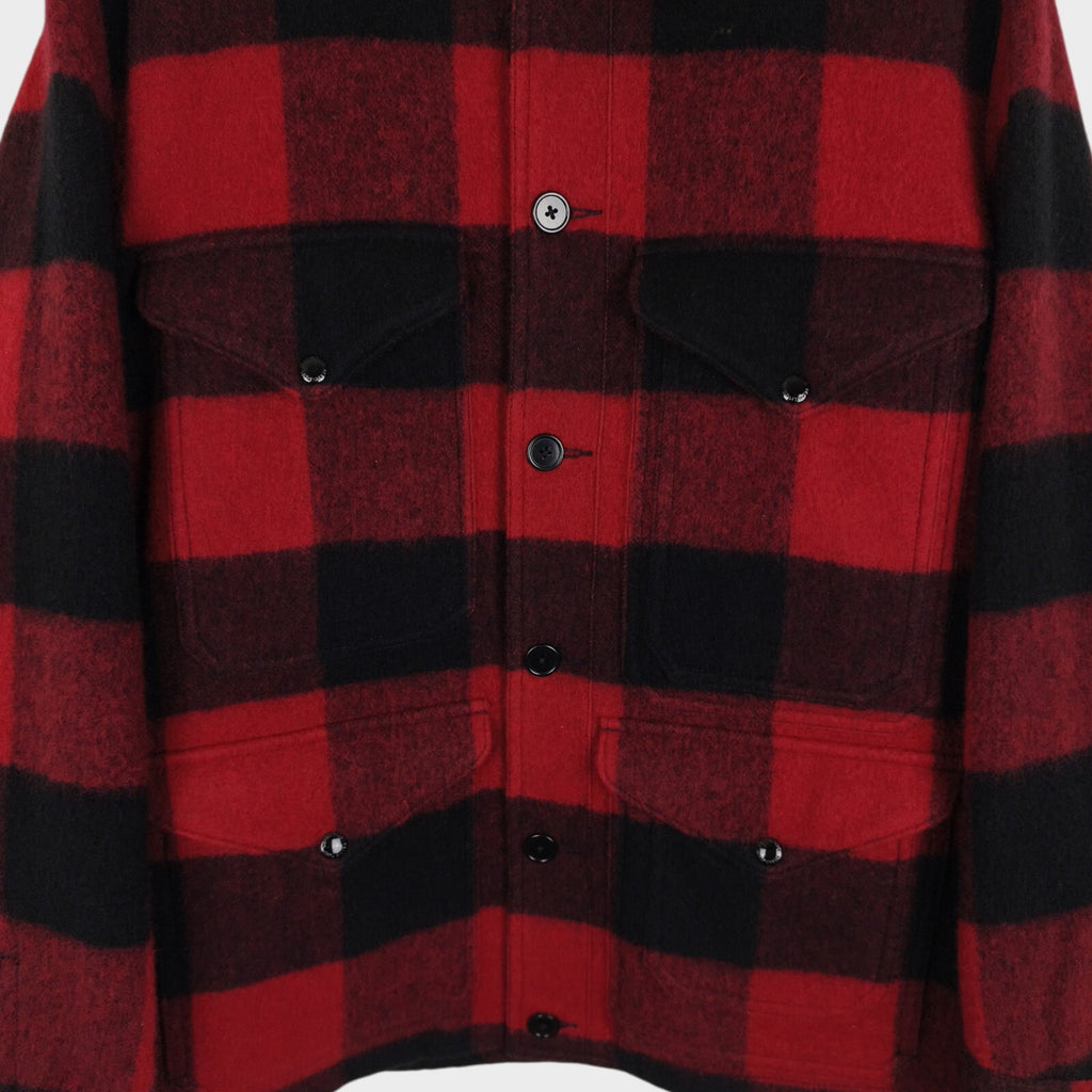 BEAMS PLUS Men's Red/Black Buffalo Wool Blend Check Mackinaw Cruiser Jacket