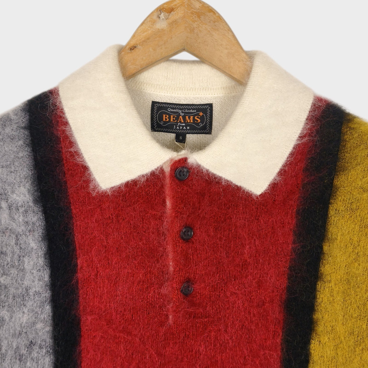 BEAMS PLUS Men's Cream 9 Gauge Shaggy Mohair Blend Polo Shirt Jumper