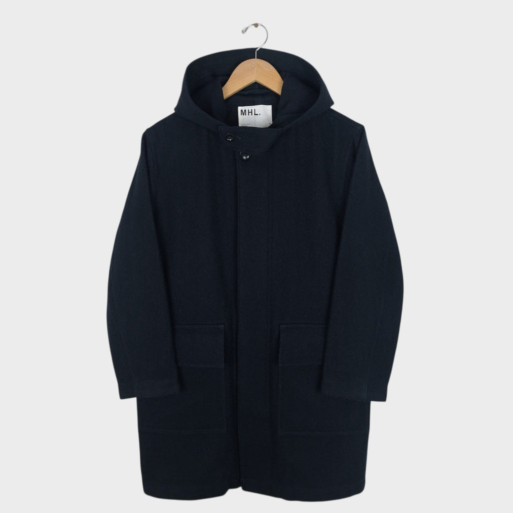 MHL MARGARET HOWELL Men's Dark Navy Blue 100% Wool Hooded Coat