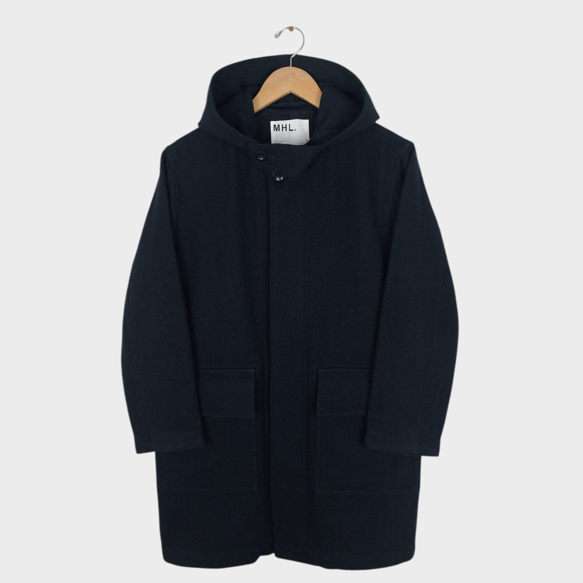 MHL MARGARET HOWELL Men's Dark Navy Blue 100% Wool Hooded Coat