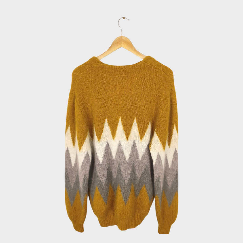 BEAMS PLUS Men's Mohair Blend Shaggy Grunge Argyle Cardigan
