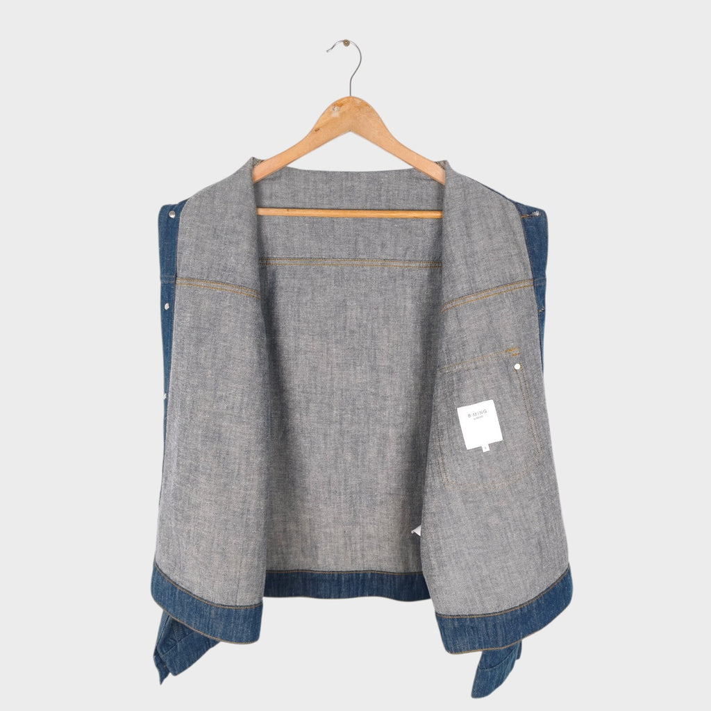 BEAMS B:MING Men's Blue Cotton/Hemp Boxy Fit Denim Trucker Jacket
