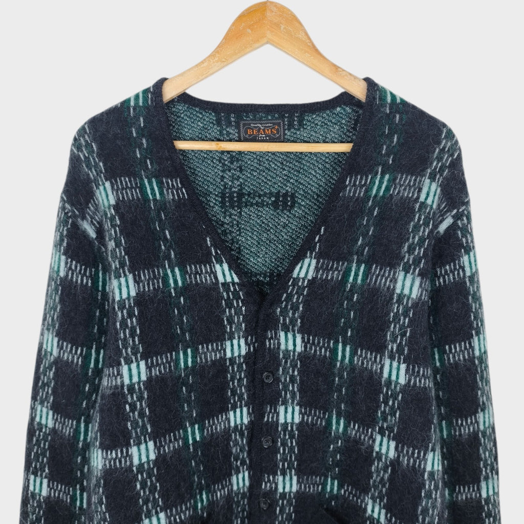 BEAMS PLUS Men's Mohair Blend Shaggy Grunge Jacquard Cardigan