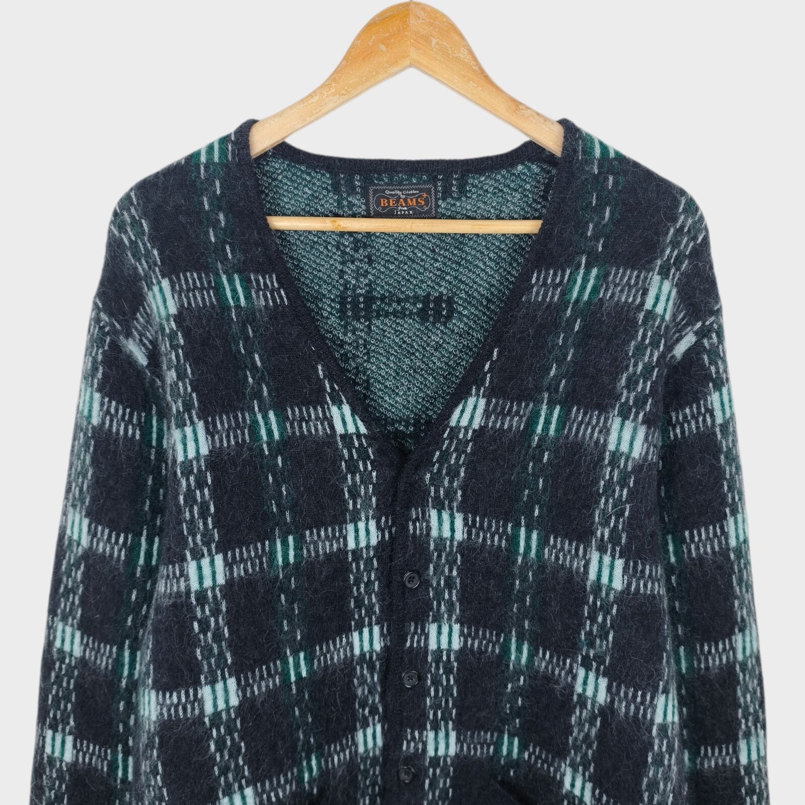 BEAMS PLUS Men's Mohair Blend Shaggy Grunge Jacquard Cardigan