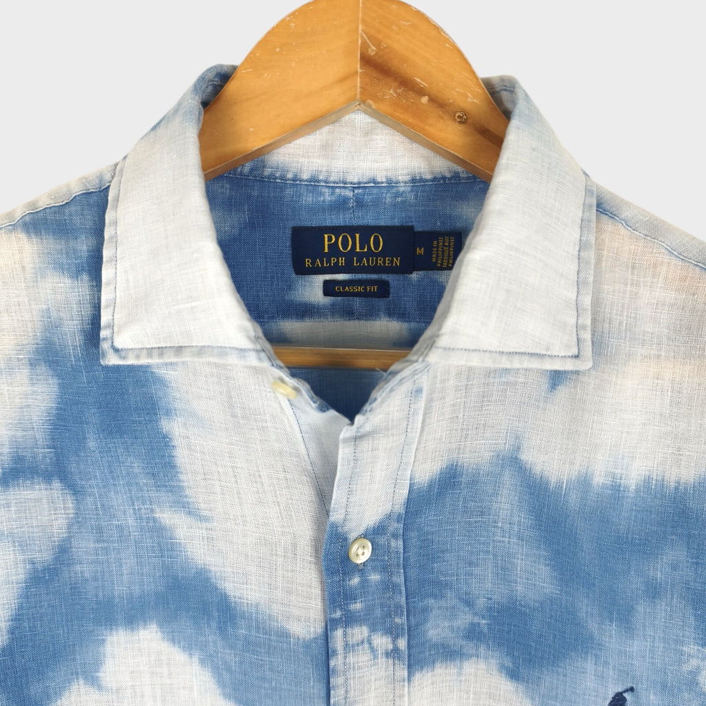 RALPH LAUREN Men's Blue/White Tie Dye 100% Linen Embroidered Logo Shirt