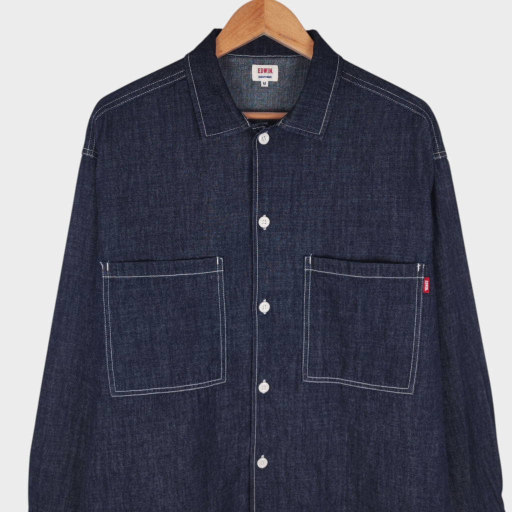 EDWIN Japan Men's Relaxed Fit Blue Denim Utility Overshirt