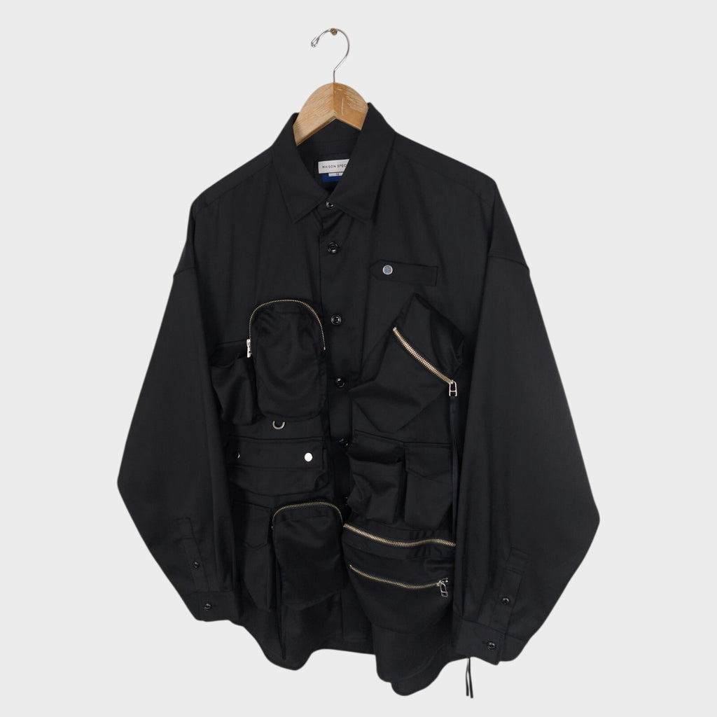 MAISON SPECIAL Japan Men's Black Wool Blend Multi Pocket Overshirt Jacket