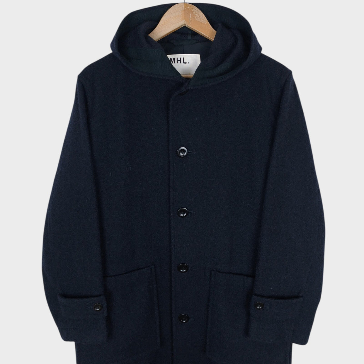 MHL MARGARET HOWELL Men's Dark Navy Blue 100% Wool Hooded Coat